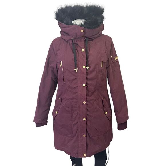 BELLE BADGLEY MISCHKA Burgundy Fleece & Faux Fur Trimmed Hooded Parka sz Medium‎ - Picture 2 of 11